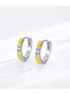 Close-up of S925 silver hoop earrings with yellow enamel and sparkling zircon stone
