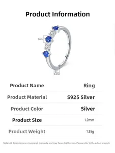 Detail view showing blue sapphire and diamond zirconia settings on S925 silver ring