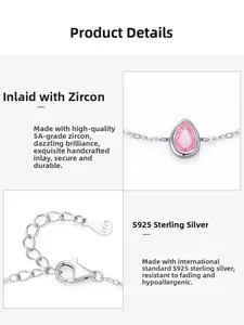 Close-up of S925 sterling silver bracelet with 5A pink teardrop zircon and lobster clasp