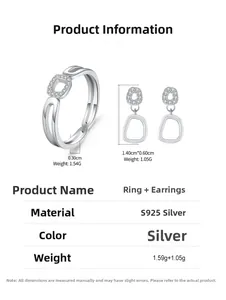 Paramètres de taille détaillés pour l'ensemble bague et boucles d'oreilles S925