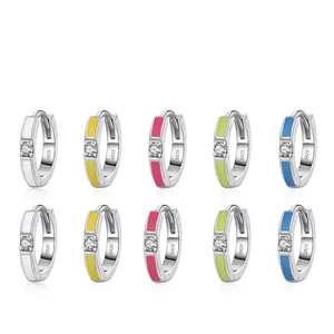 925 Sterling Silver Geometric Round Hoop Earrings For Women Minimalist Colored Enamel Inlaid Zirconia Fashion Jewelry Accessories