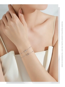 Detail of S925 silver double chain bracelet featuring sparkling butterfly and bow charms