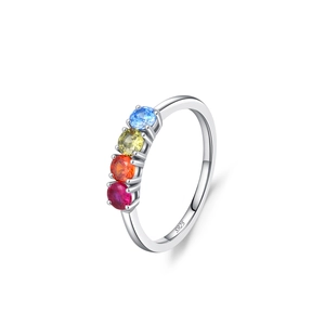 S925 sterling silver ring with colorful rainbow cubic zirconia in a minimalist design