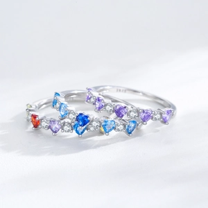 Three-piece S925 sterling silver rings with colorful heart-shaped cubic zirconia stones