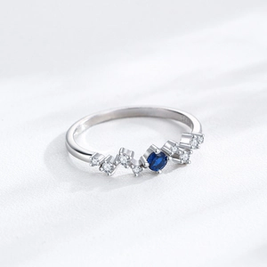 Minimalist S925 sterling silver wave ring with blue sapphire and white zircon accents