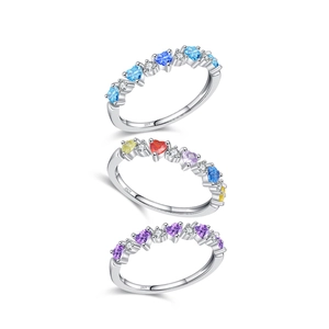 Three S925 sterling silver heart-shaped rings with colorful zircon in stackable design