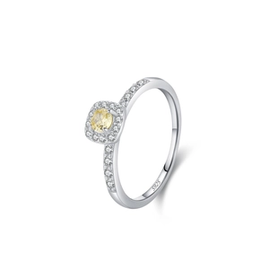 Elegant S925 sterling silver ring with square yellow zircon and pavé diamond halo
