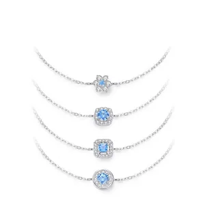 925 Sterling Silver Sky Blue Zirconia Bracelet For Women Minimalist Geometric Flower Square Round Pendant Jewelry Gift