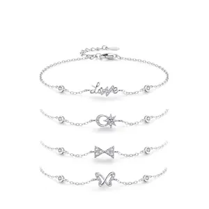 925 Sterling Silver LOVE Letter Butterfly Star Moon Bracelet For Women Zirconia Minimalist Adjustable Hand Jewelry Gift