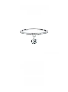 Close-up of S925 sterling silver ring featuring a dangling round diamond pendant detail