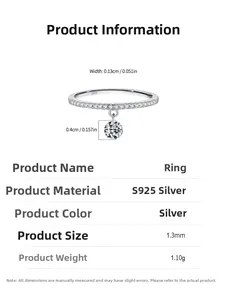 Detailed view of S925 sterling silver ring with 0.4cm round diamond pendant and engraving