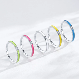 Set of five colorful S925 sterling silver enamel rings with small zircon accents