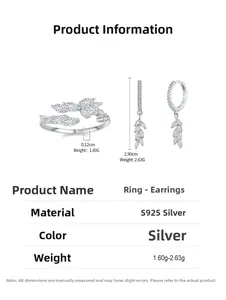 Macro detail of S925 sterling silver leaf jewelry set with clear cubic zirconia stones