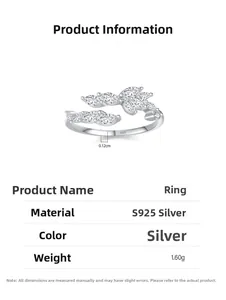 Macro detail of S925 sterling silver leaf ring showing marquise-cut zircon stones and size