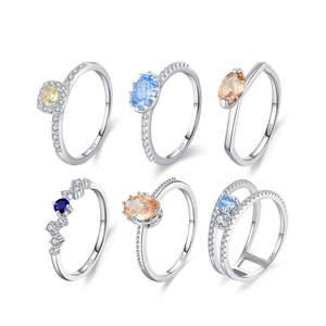 Set of S925 sterling silver rings with colorful geometric gemstones and zirconia stones