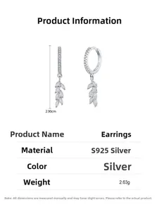 Detail view of S925 sterling silver hoop earrings with marquise zircon leaf pendants