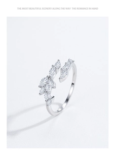 Detail of S925 sterling silver leaf ring with marquise-cut marquise crystals