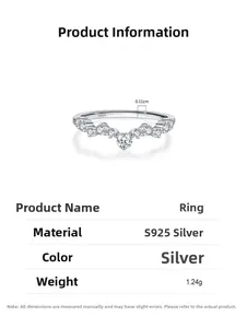 Macro view of S925 silver wave V-ring with zircon details and specific dimensions
