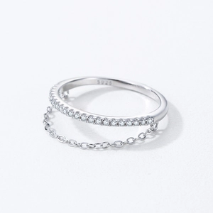 Double-layered S925 sterling silver ring with pavé diamonds and dangling chain detail