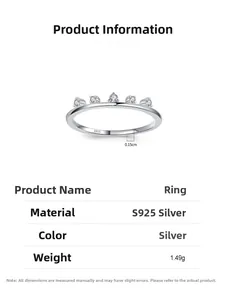 Detailed spec sheet of S925 sterling silver crown ring with five cubic zirconia stones