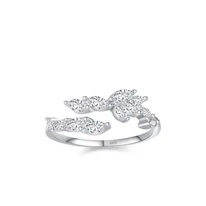 925 Sterling Silver Leaf Adjustable Open Ring For Women Marquise Cut Zirconia Inlaid Commuting Fashion Jewelry Finger Ring