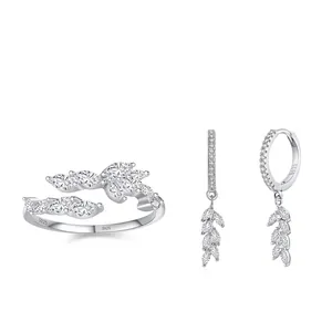 S925 Sterling Silver Leaf Jewelry Set Marquise Zirconia Open Ring Hoop Earrings For Women Mori Style Fashion Jewelry