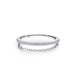 Double-layered S925 sterling silver chain ring with pavé cubic zirconia accents