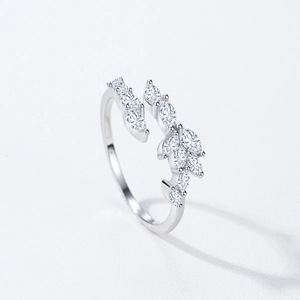 S925 sterling silver leaf ring with marquise-cut zircons in an open adjustable design