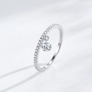 S925 sterling silver ring with sparkling round diamond pendant and pavé set band