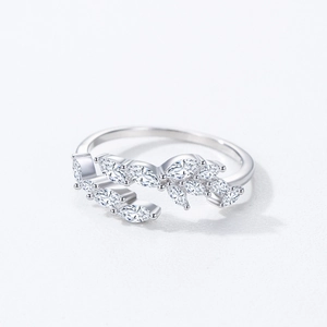 S925 sterling silver leaf open ring with marquise-cut zircons in vine design