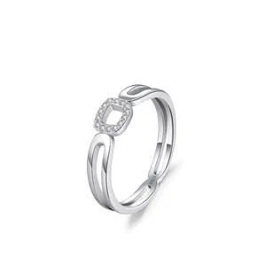 925 Sterling Silver Hollow Double Layer Ring For Women Square Geometric Zirconia Inlaid Individual Fashion Finger Ring