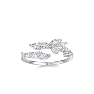 S925 Sterling Silver leaf open ring with marquise cut diamonds for a nature-inspired look