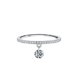 S925 sterling silver ring with a sparkling round dangling charm and pavé set diamonds