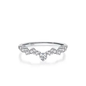925 Sterling Silver Wave V Shaped Ring For Women Minimalist Inlaid Zirconia Stackable Thin Band Elegant Fashion Finger Ring