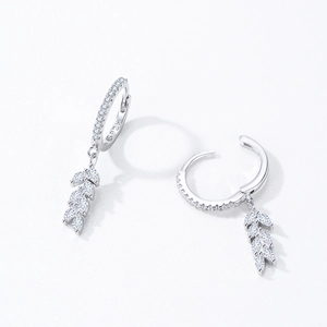 Elegant S925 sterling silver hoop earrings with dangling leaf pendants and zircon stones