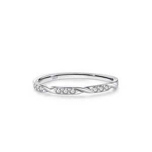 Minimalist S925 sterling silver twisted ring with white zircon stones on white background