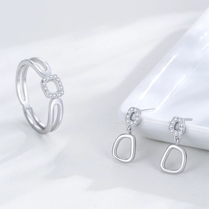 S925 sterling silver hollow double layer ring and earring set with white zircon stones