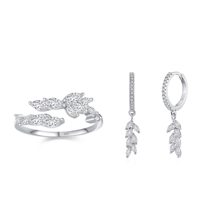 S925 sterling silver jewelry set featuring leaf rings and drop earrings with cubic zirconia