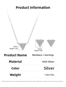 Macro view showing dimensions of S925 sterling silver geometric triangle jewelry set