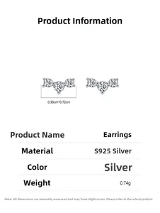 Detail view of S925 silver stud earrings showing 0.36cm by 0.72cm size with zircon stones