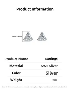 Detail view of small S925 sterling silver triangle stud earrings with size measurements