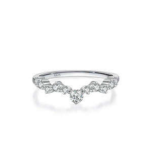 Elegant S925 sterling silver wave V-shape wishbone ring with sparkling zirconia stones