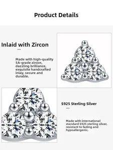 Macro detail of S925 sterling silver triangle earrings with 5A cubic zirconia stones