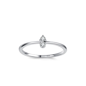 S925 sterling silver minimalist ring with two round white stones on a white background