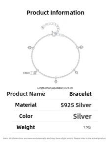 Detail of S925 sterling silver bracelet with five 0.30cm round cubic zirconia charms
