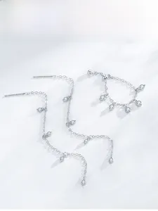 Close-up of S925 sterling silver tassel earrings featuring white round zircon stones