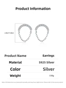Macro shot of S925 sterling silver chain earrings with cubic zirconia inlay and measurements
