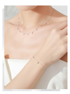 Detailed view of silver S925 necklace and bracelet set with sparkling zircon charms