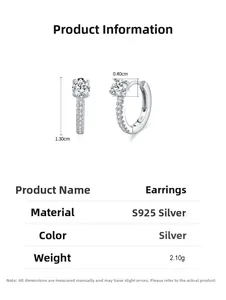 Detail view of S925 sterling silver hoop earrings with 1.30cm height and 0.40cm zircon