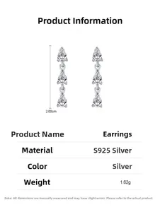 Macro detail of S925 silver triple pear-shaped drop earrings with size and weight specs
